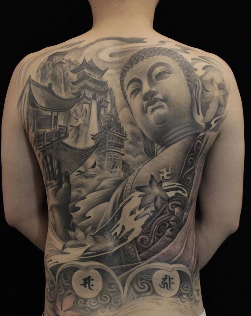 佛纹身图片_背部新传统纹身图案