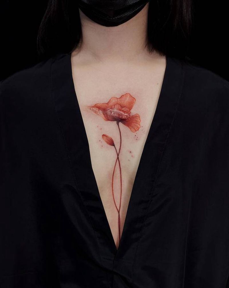 罂粟（疤痕遮盖）纹身图片_胸部水彩纹身图案