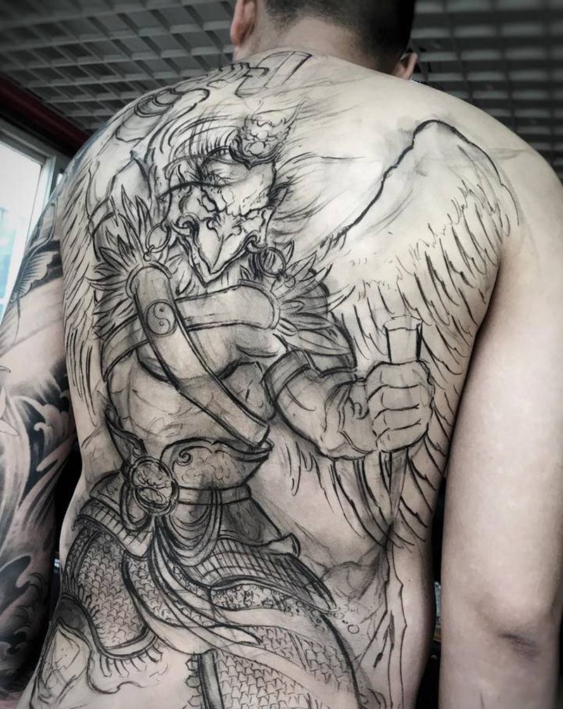 雷公纹身图片_背部新传统纹身图案