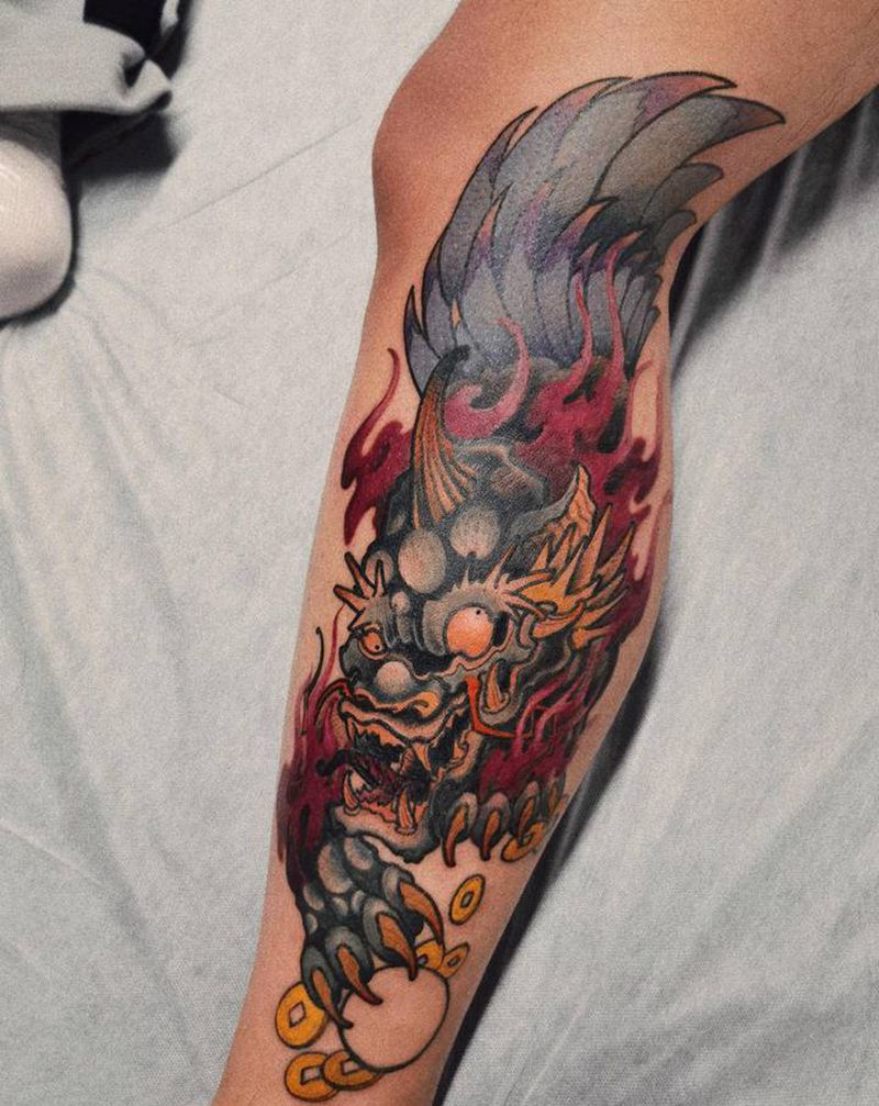 彩色貔貅纹身图片_腿部New School纹身图案