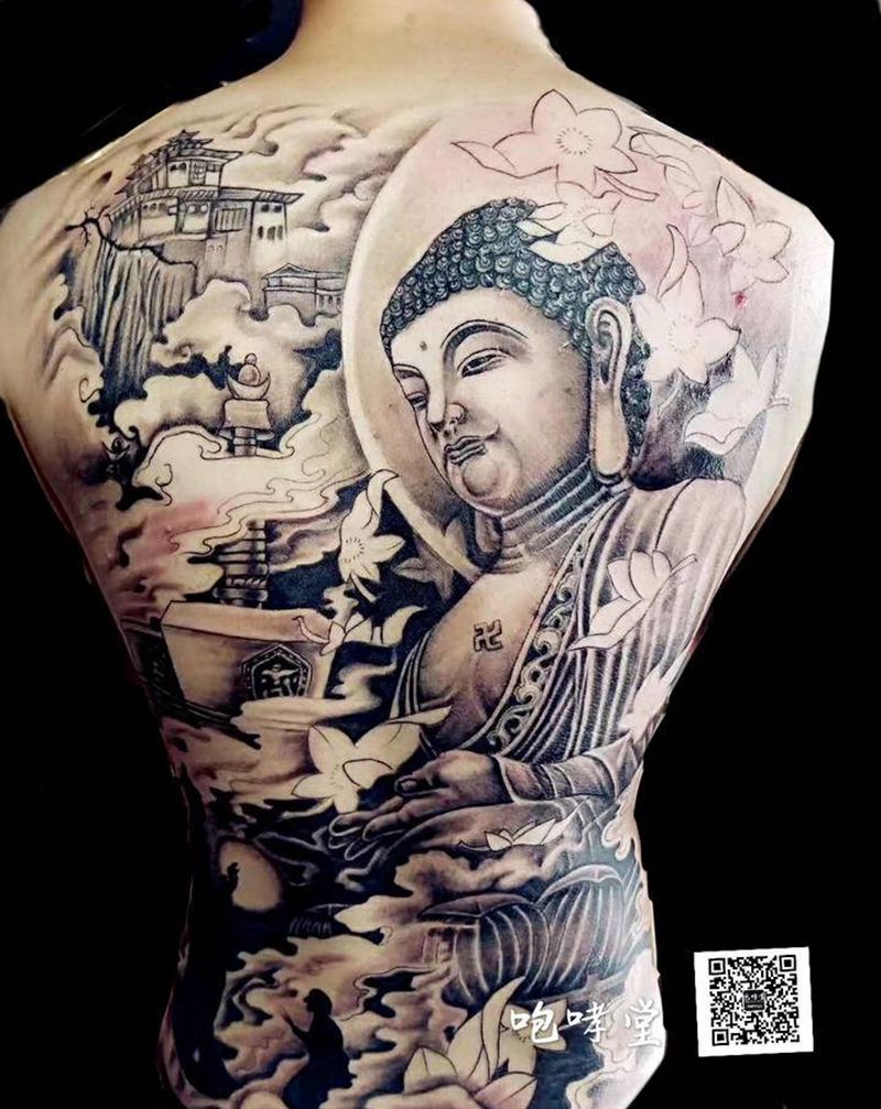 大日如来恢复后纹身图片_背部新传统纹身图案