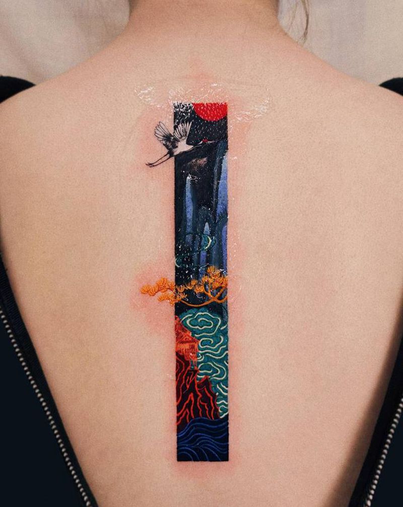 中式水彩纹身图片_背部水彩水墨纹身图案