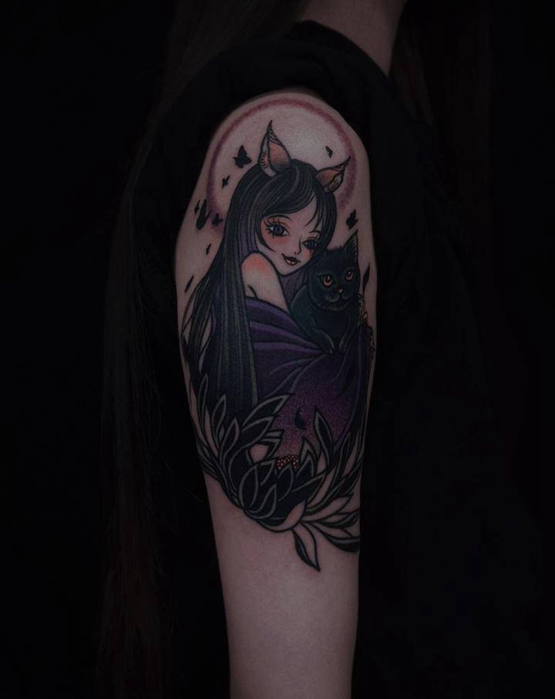 姑娘和猫纹身图片_手臂Old School纹身图案