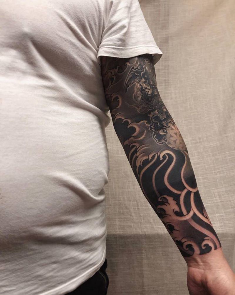 /唐狮七分→花臂纹身图片_手臂新传统纹身图案