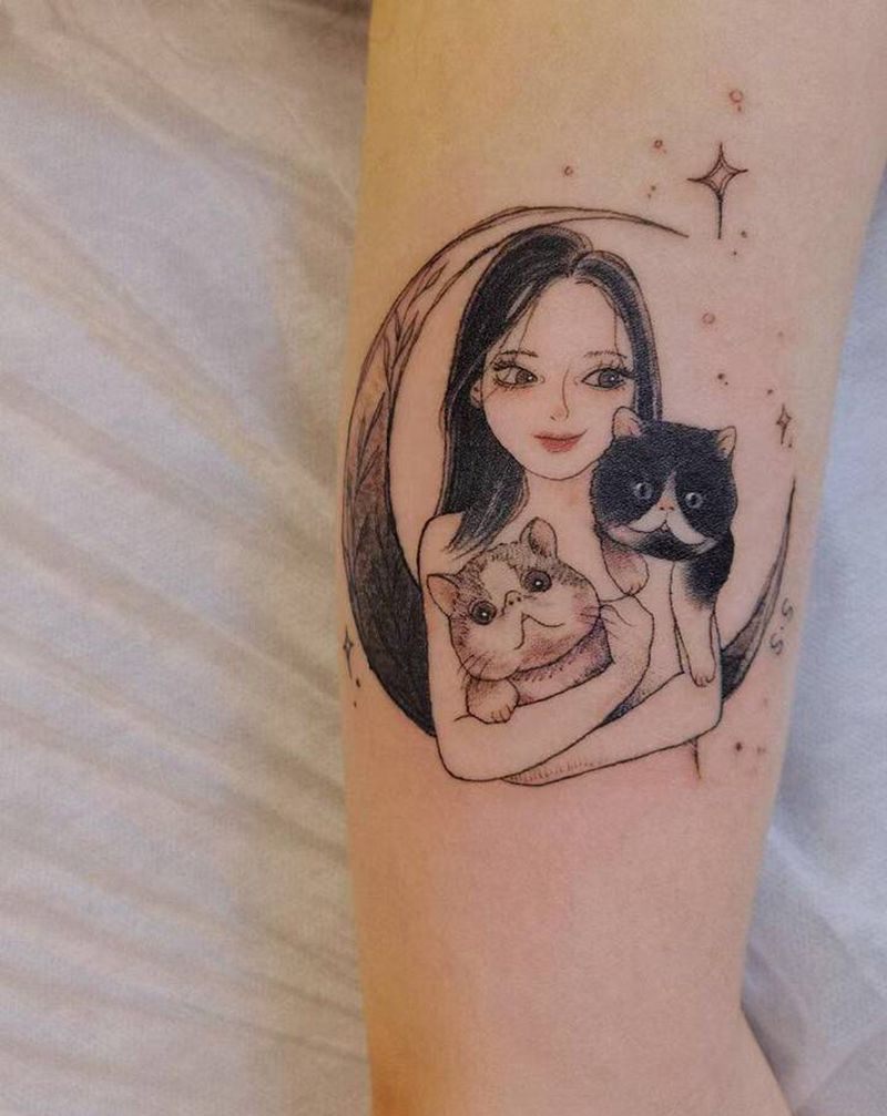女友与猫纹身图片_手臂纹身图案