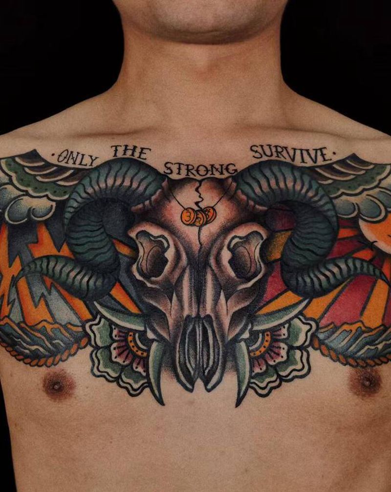 羊头纹身图片_胸部Old School纹身图案