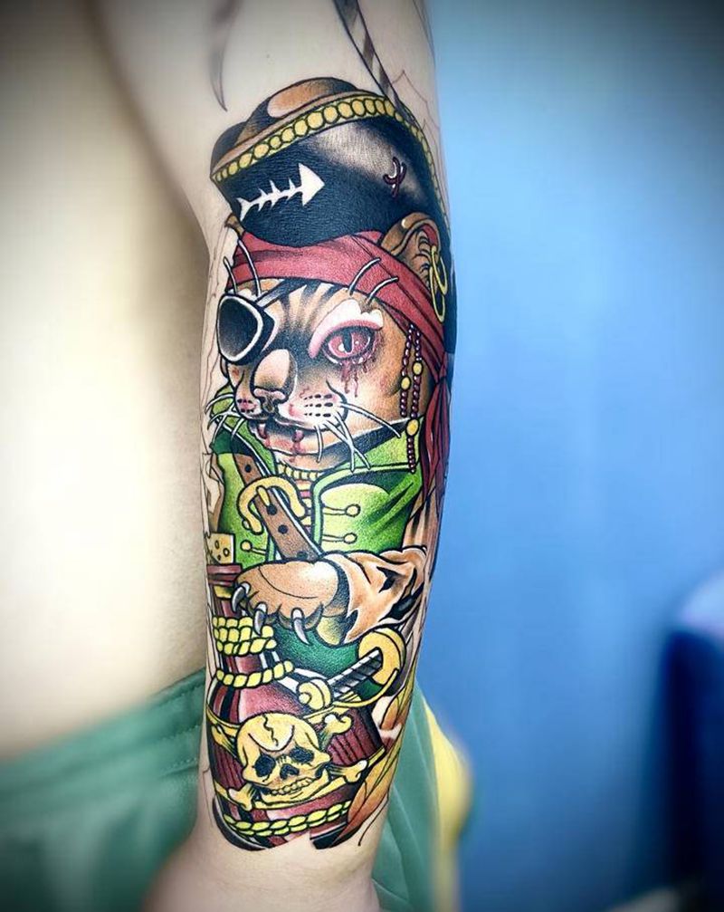 海盗猫纹身图片_手臂New School纹身图案