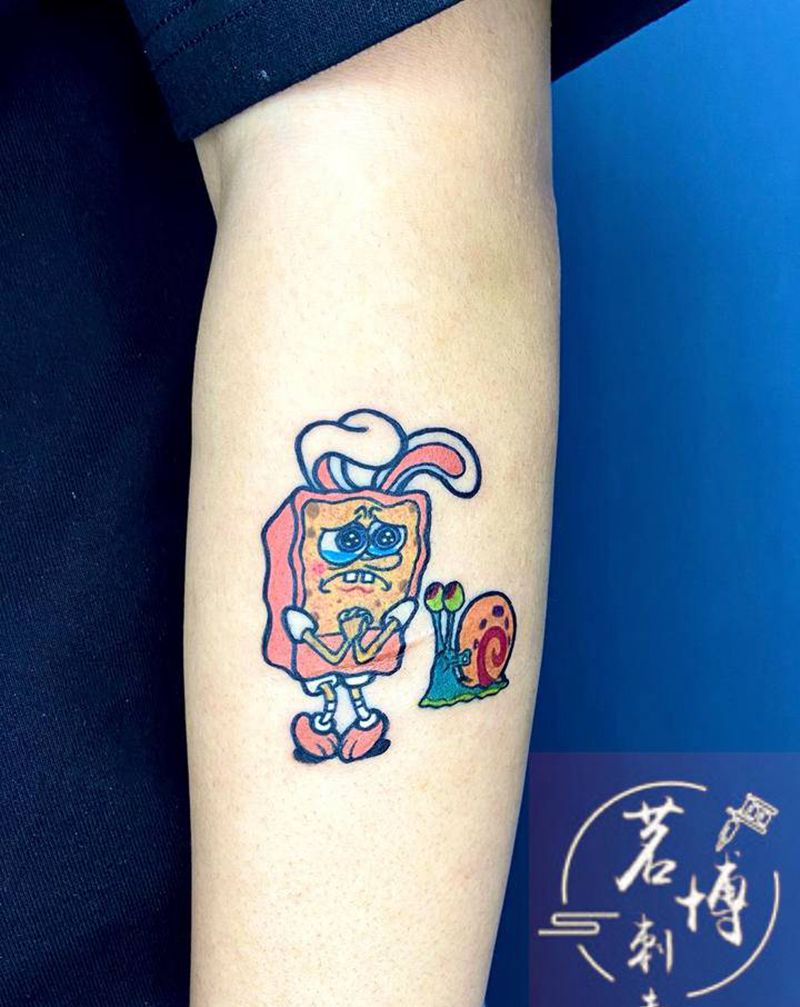 海绵宝宝纹身图片_手臂水彩纹身图案
