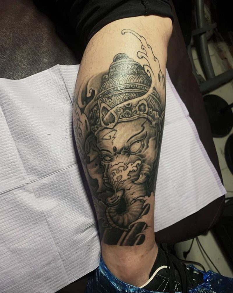 象神恢复一年后纹身图片_腿部新传统纹身图案