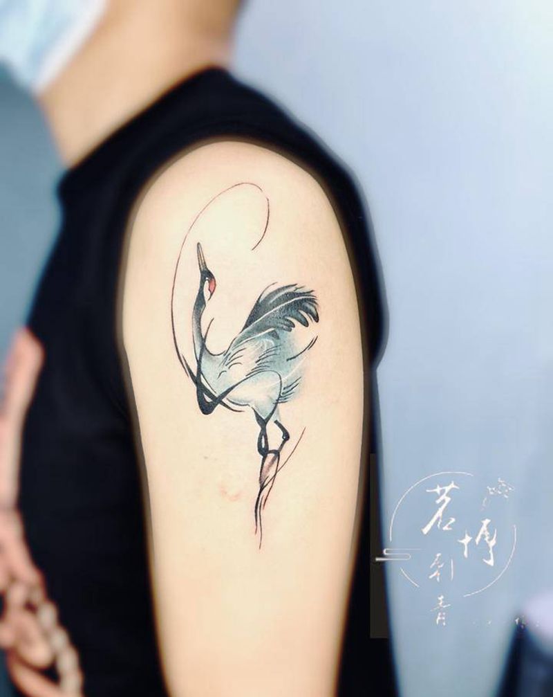 鹤纹身图片_手臂水墨纹身图案