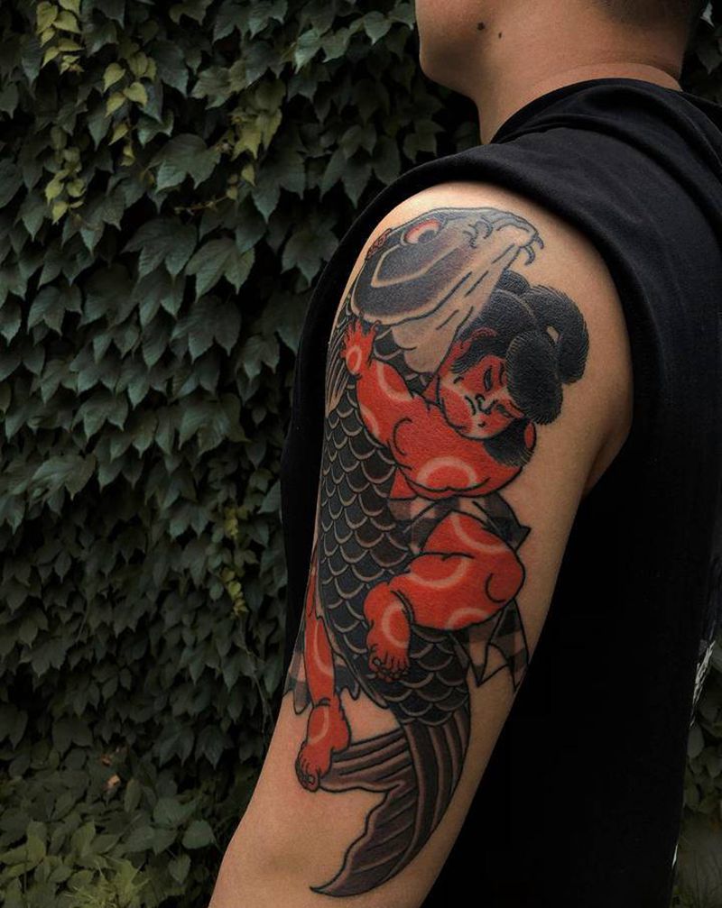 金太郎抱鲤纹身图片_手臂老传统纹身图案