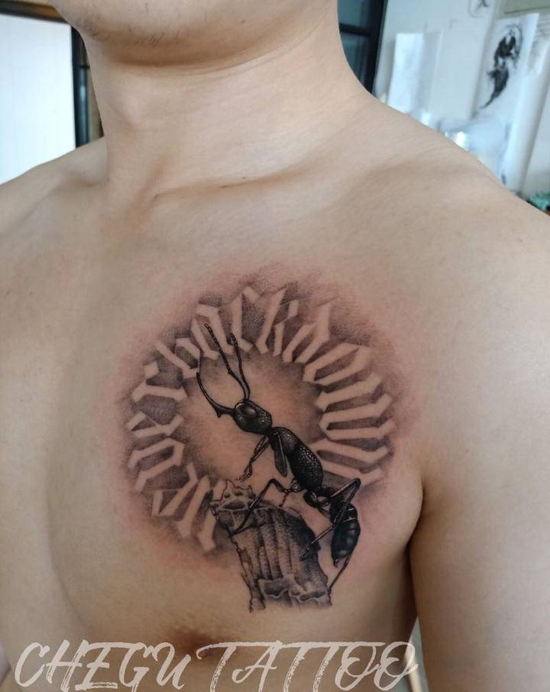 蚂蚁纹身图片_胸部欧美写实花体字纹身图案