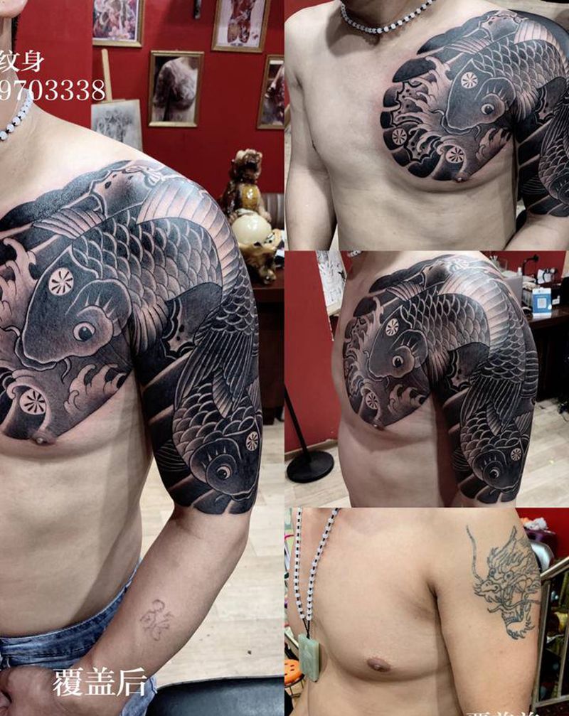 日式半甲覆盖作品纹身图片_胸部手臂老传统新传统纹身图案