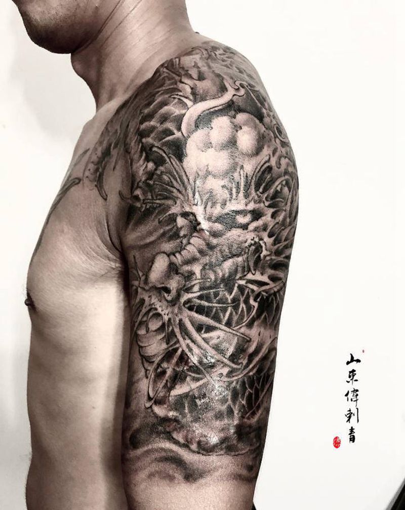 龙纹身图片_肩部手臂新传统纹身图案