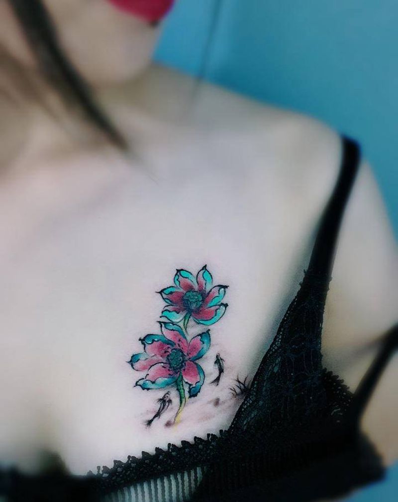 荷花纹身图片_手臂胸部纹身图案