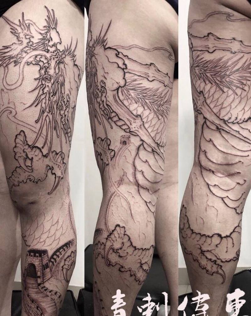 花腿龙纹身图片_腿部新传统纹身图案
