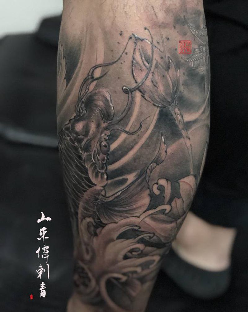 鲤鱼龙门纹身图片_腿部新传统纹身图案