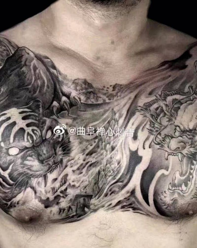 龙虎斗纹身图片_胸部新传统老虎龙烈火纹身图案