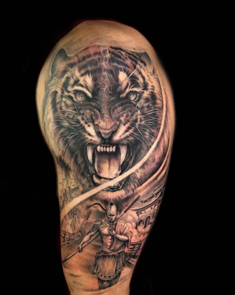 信念纹身图片_肩部手臂欧美写实老虎武僧纹身图案
