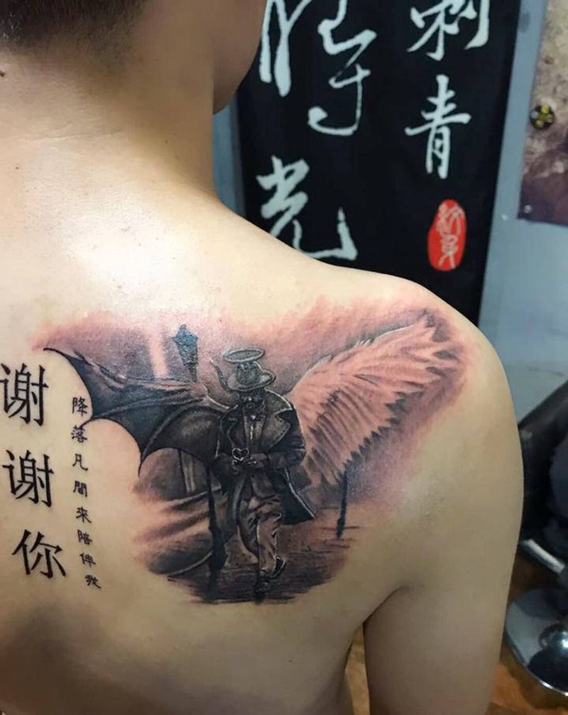 天使or恶魔？纹身图片_背部欧美写实纹身图案