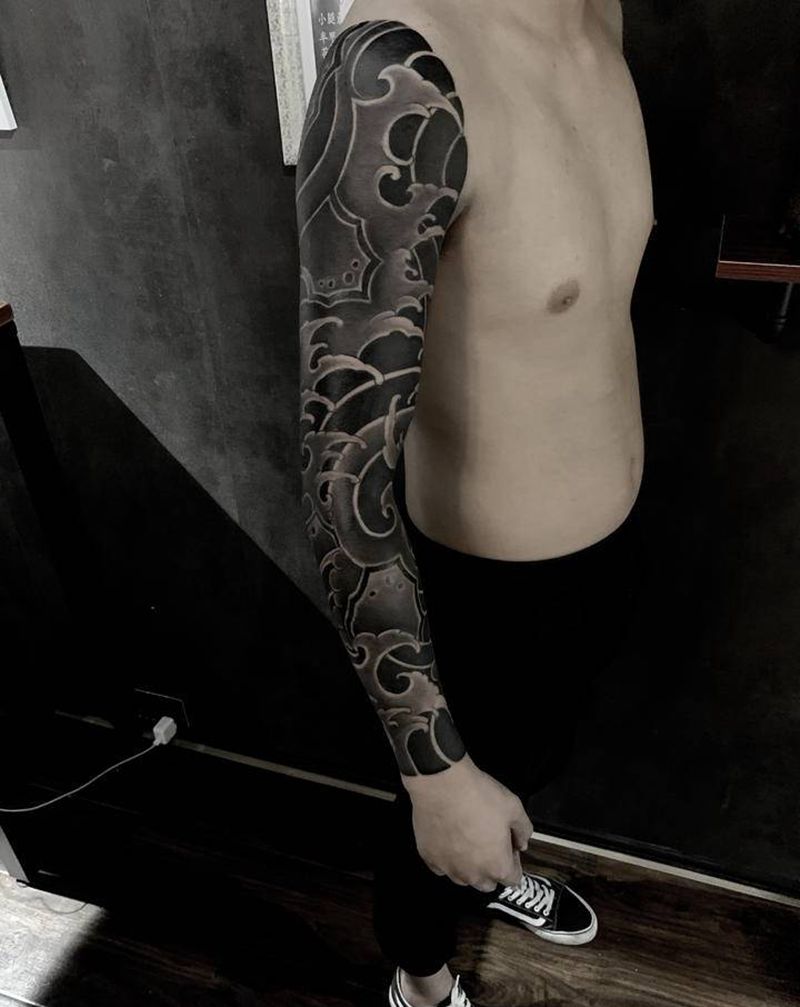 花臂浪花纹身图片_手臂老传统新传统纹身图案