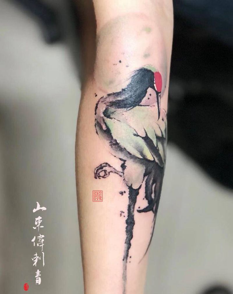 貌同仙鹤瘦, 心似片云孤。 念纹身图片_手臂新传统水彩纹身图案