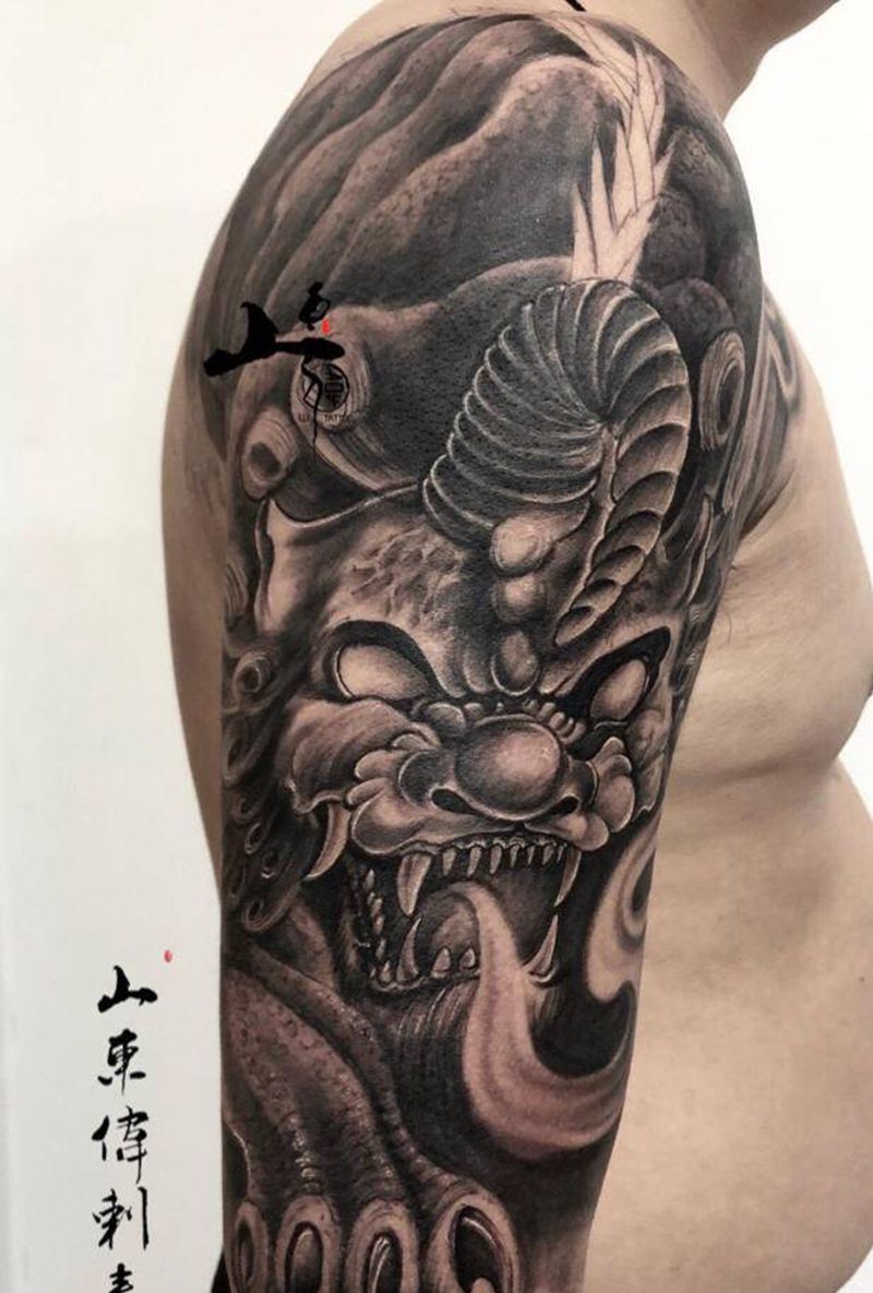 遮盖貔貅纹身图片_手臂新传统纹身图案
