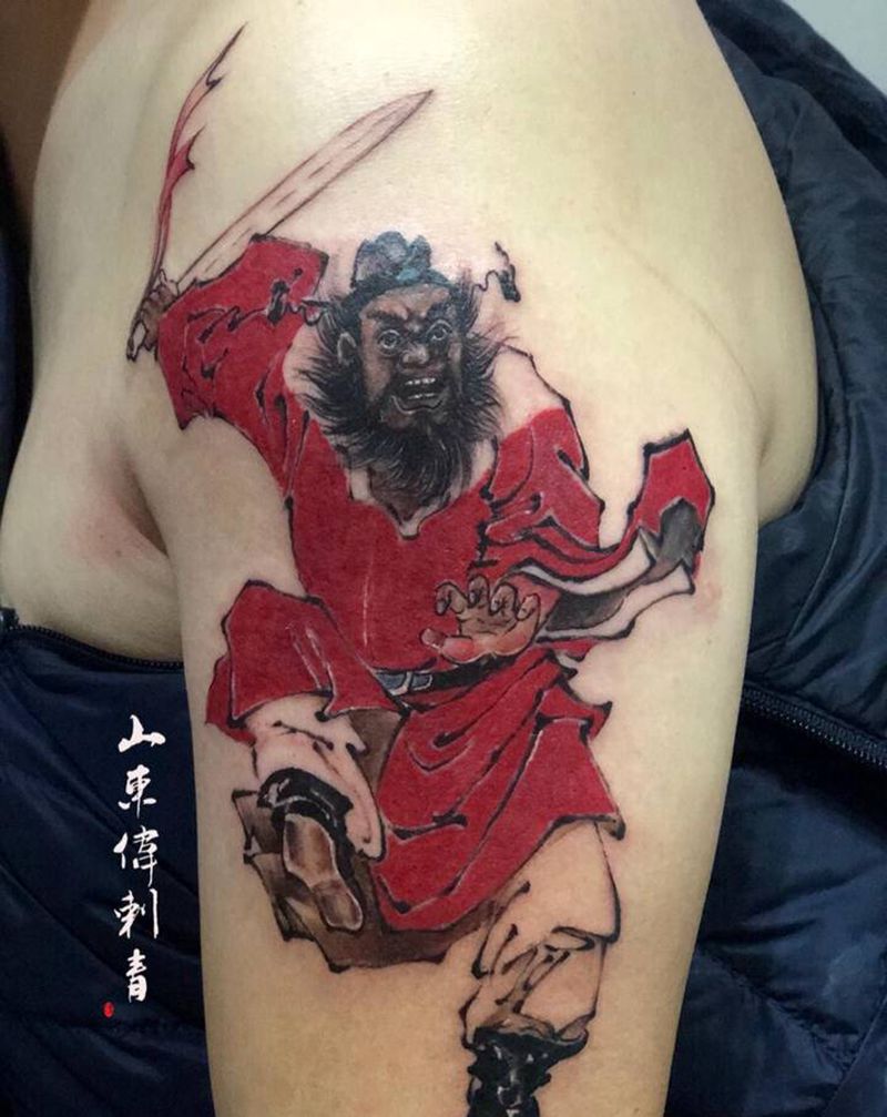 钟馗降蝠纹身图片_手臂肩部新传统纹身图案