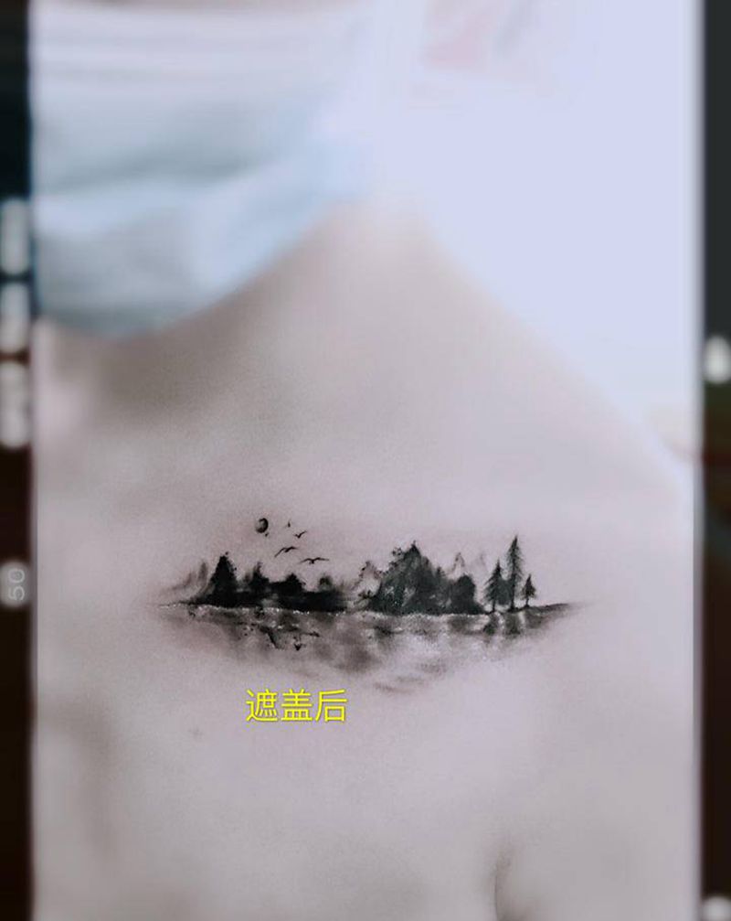 山水遮盖纹身图片_胸部水墨纹身图案