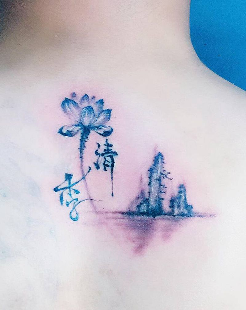 山水纹身图片_背部纹身图案