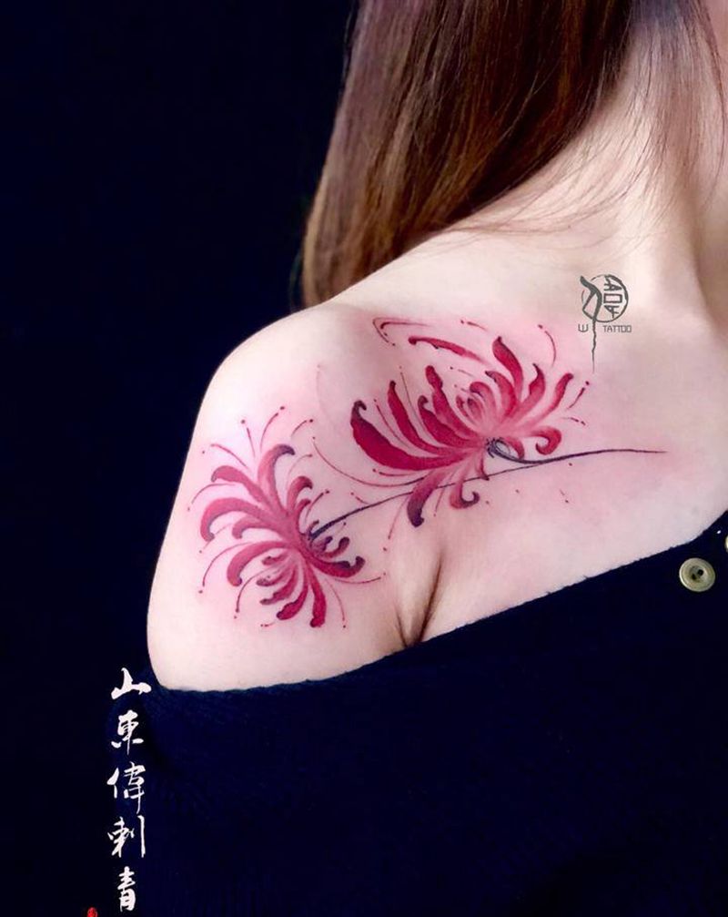 【曼珠沙華】纹身图片_肩部水彩纹身图案