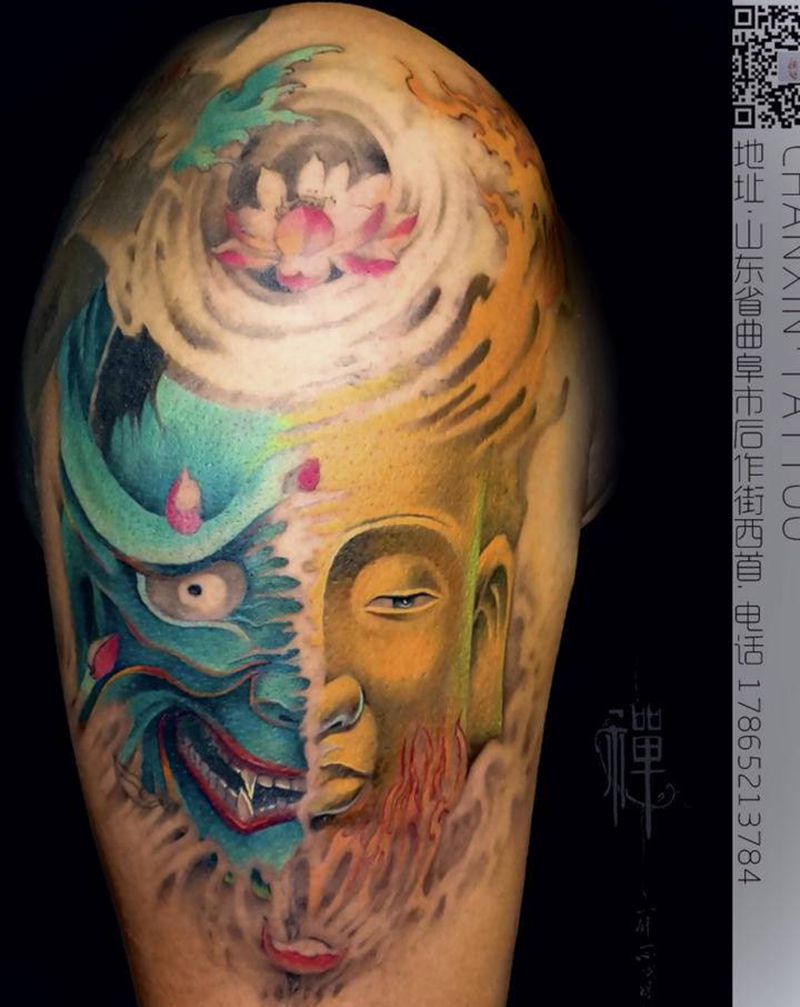一念善恶纹身图片_手臂新传统佛善恶魔纹身图案