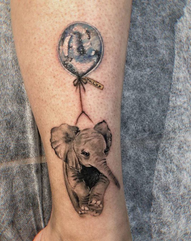 遮盖《小飞象》纹身图片_腿部欧美写实水彩纹身图案