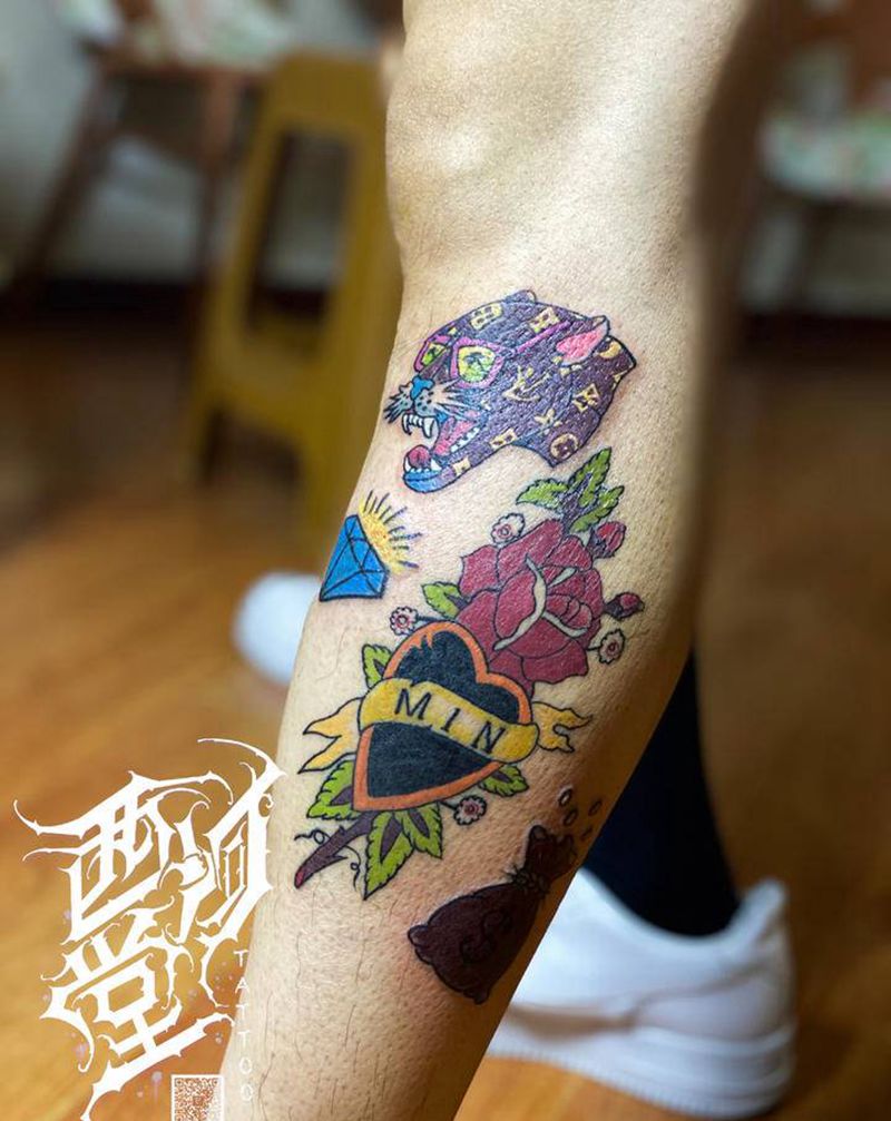 lv豹子头纹身图片_腿部Old School豹纹身图案