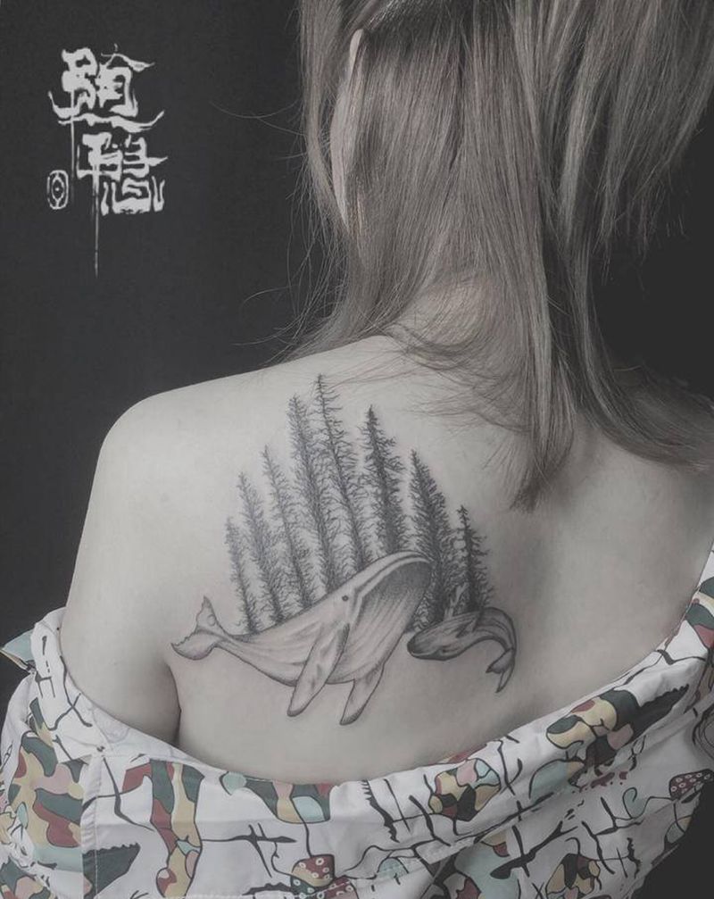 鲸鱼纹身图片_肩部背部纹身图案