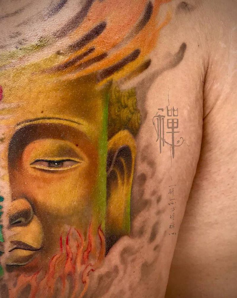 善纹身图片_手臂新传统佛像重彩善恶纹身图案