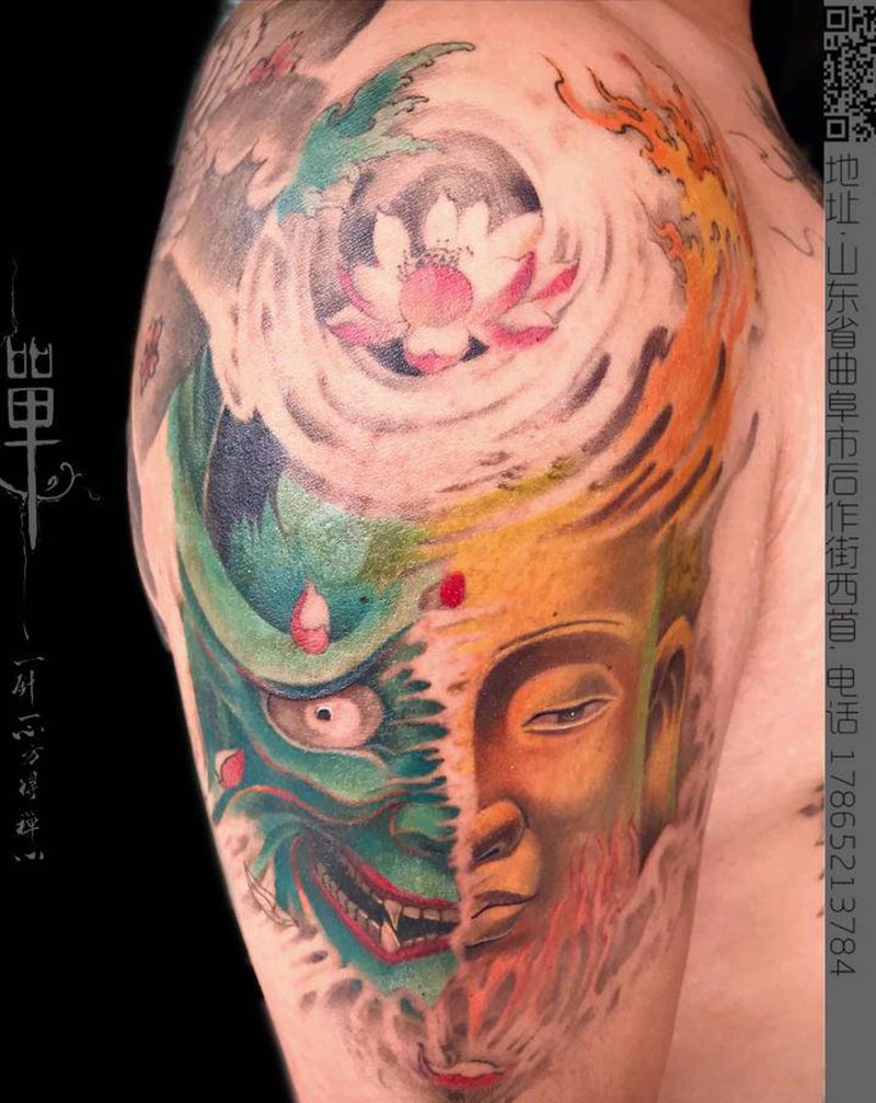 一念纹身图片_手臂新传统善恶重彩佛魔纹身图案