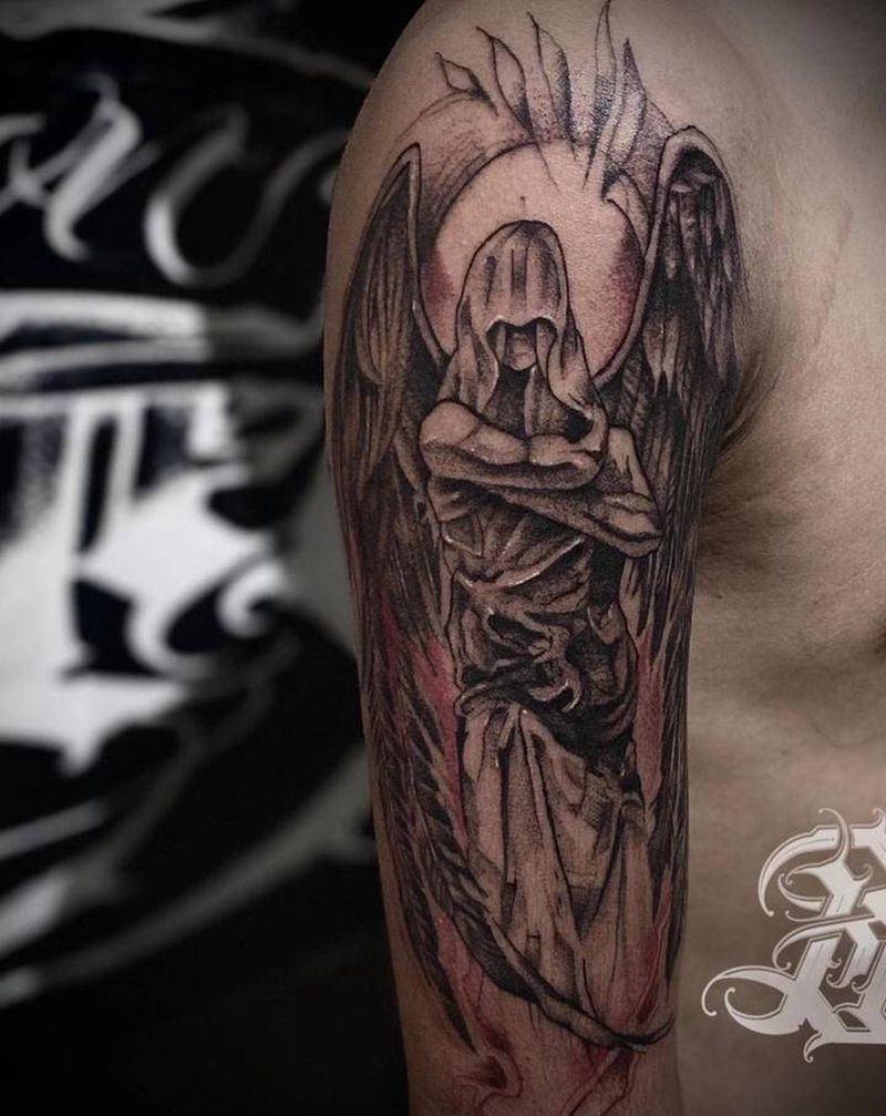 天使纹身图片_手臂点刺纹身图案