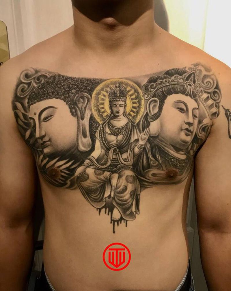 三圣佛 恢复一年后效果纹身图片_胸部新传统纹身图案