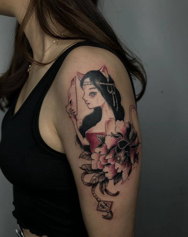 狐狸纹身图片_手臂New School狐狸面具纹身图案