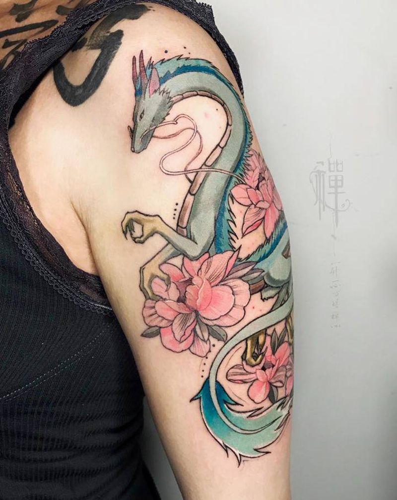 千与千寻纹身图片_手臂New School龙千与千寻素花纹身图案