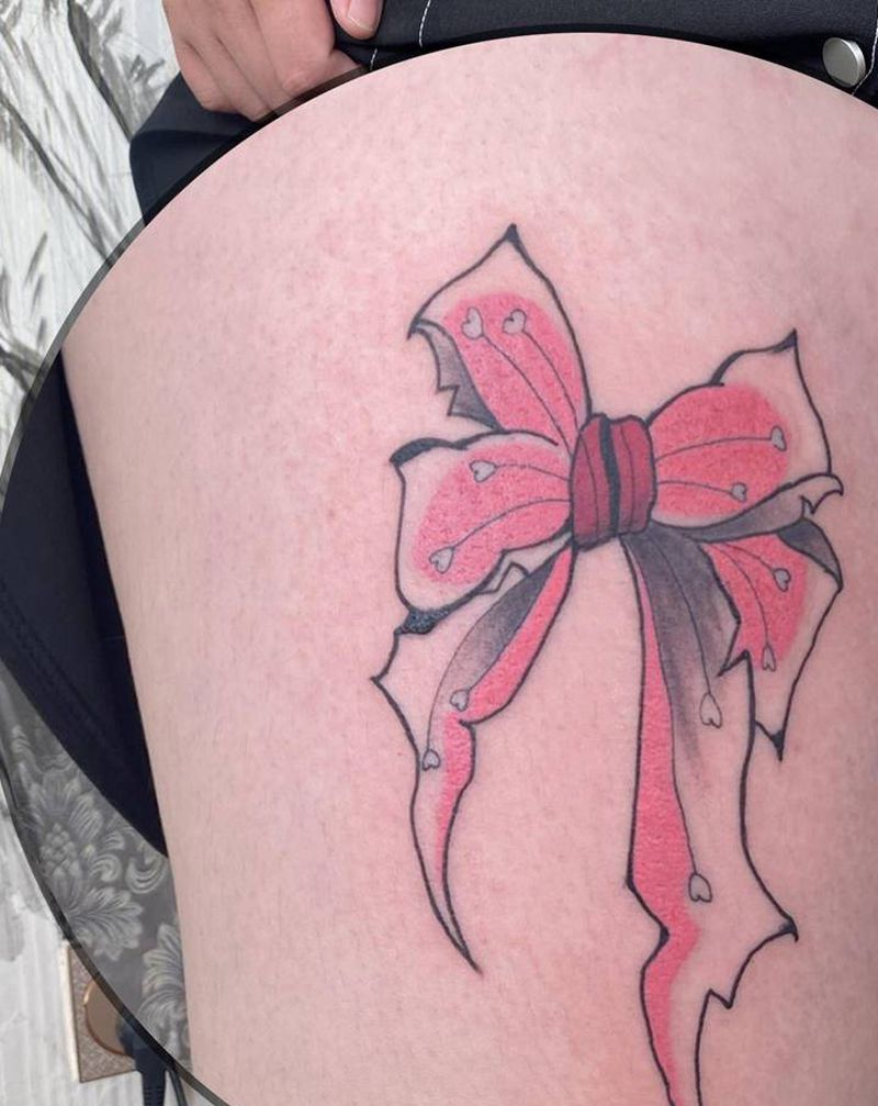 蝴蝶结纹身图片_腿部水彩纹身图案