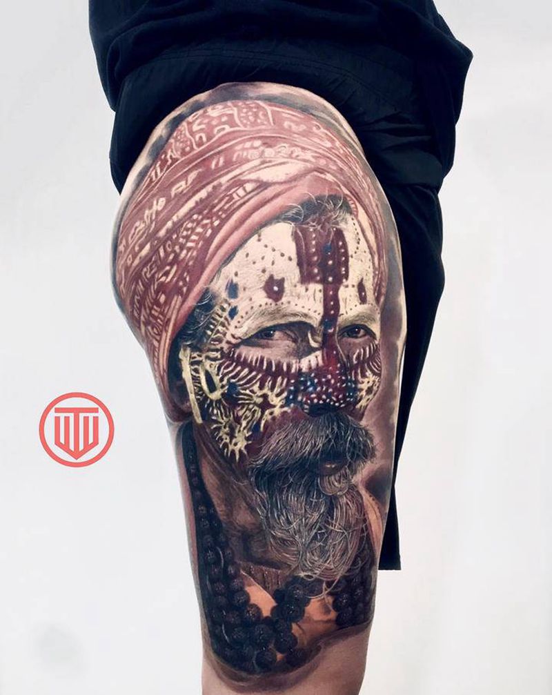 欧美写实风格 萨杜纹身图片_腿部欧美写实纹身图案