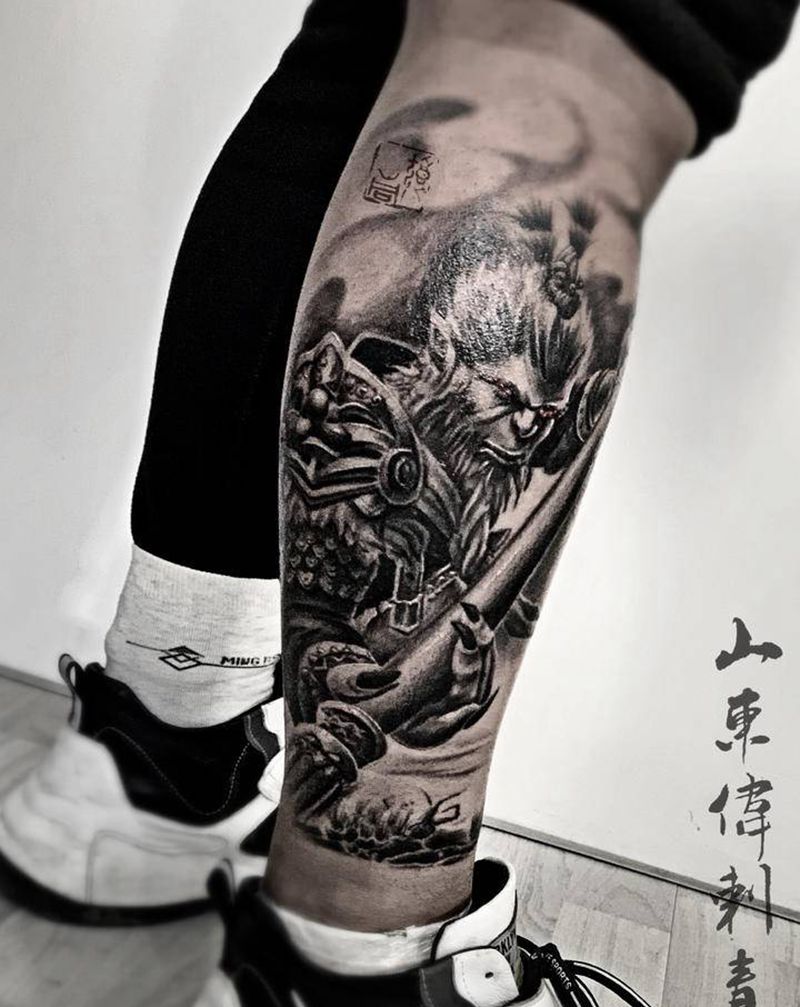 猴子纹身图片_腿部欧美写实新传统纹身图案