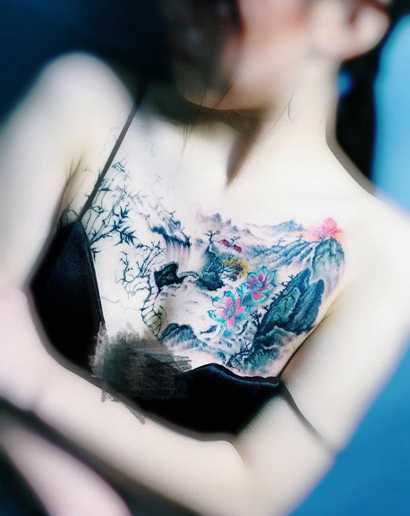 添加，升级纹身图片_胸部水墨水彩纹身图案