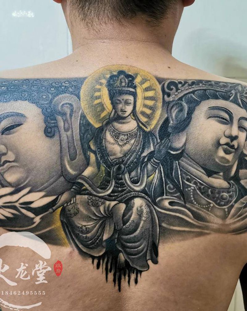 三圣纹身图片_背部新传统佛纹身图案