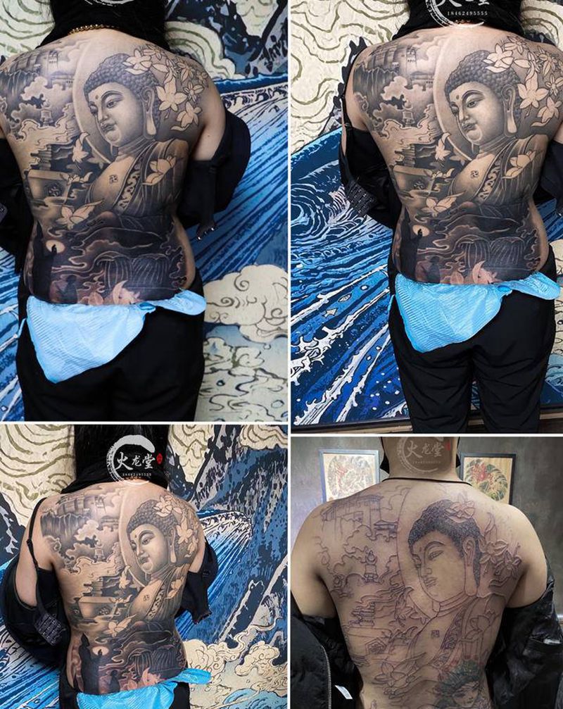 满背佛纹身图片_背部新传统佛纹身图案