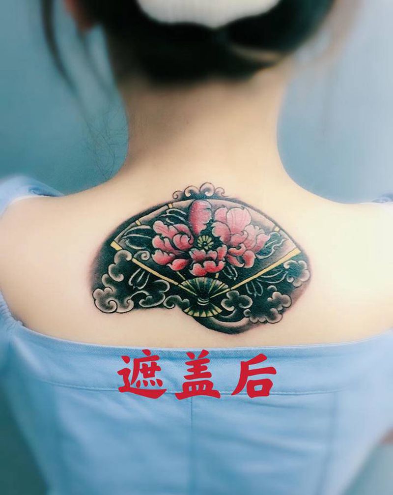 牡丹，遮盖纹身图片_背部老传统水彩纹身图案
