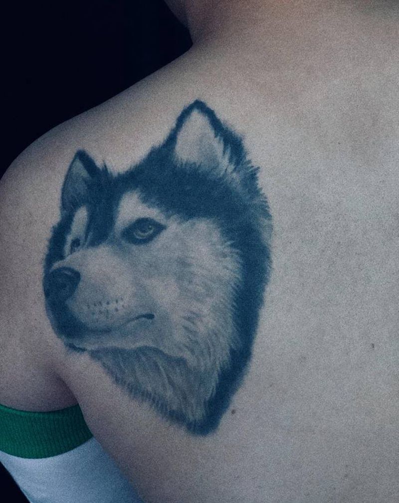 恢复后的哈士奇纹身图片_背部欧美写实纹身图案