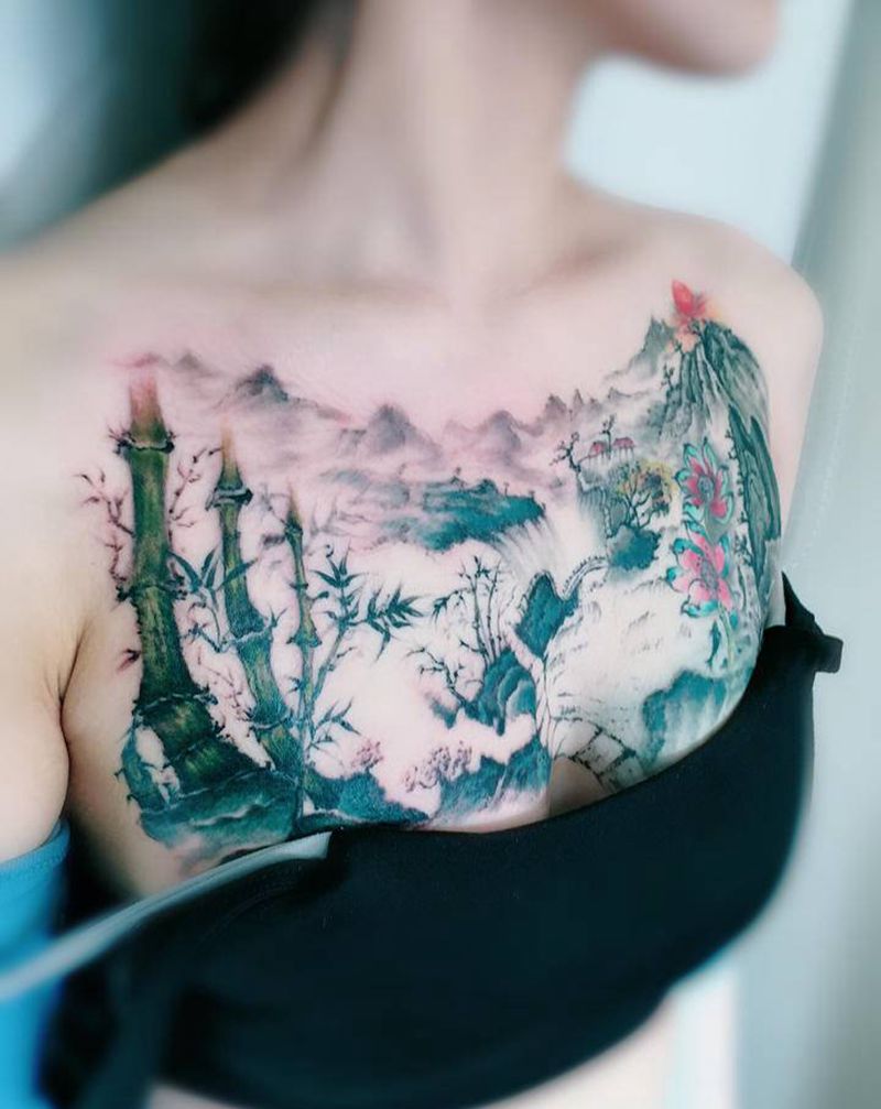 添加，提升纹身图片_胸部水彩水墨纹身图案